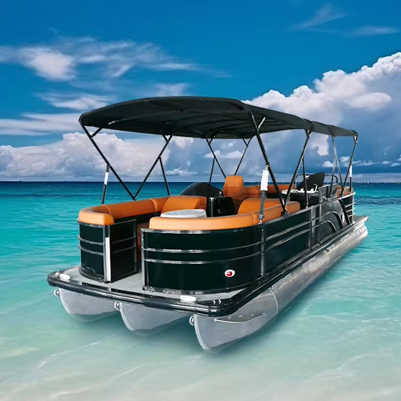 25 ft Luxury Sports Pontoon Boat GPS Tracking for Bluetooth Speaker System Electric Outboard Engine Features Camper Van for